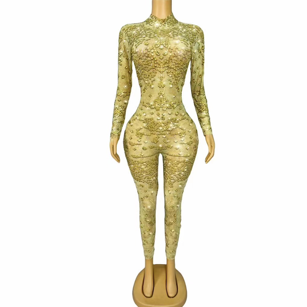 Women Fashion Photoshoot - Sexy Stage Shining Gold Rhinestones Jumpsuit