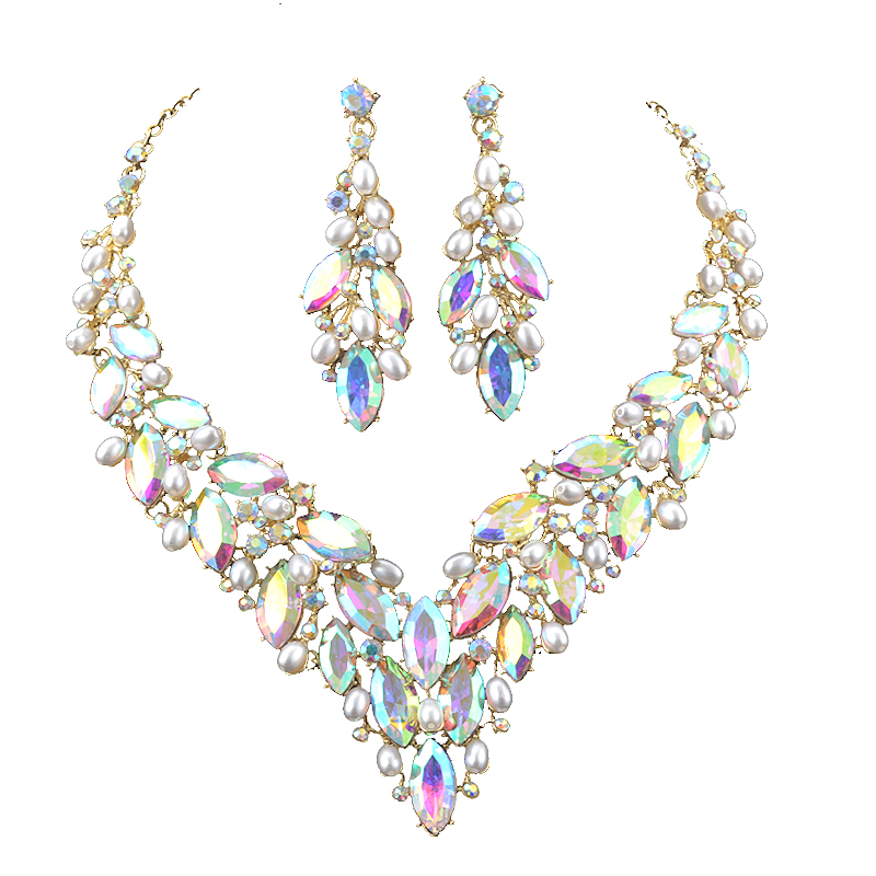 Women'S Fashion Jewellery - Delicate Golded Pearl Crystal Necklace Earring